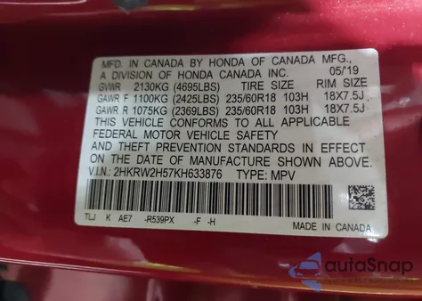2019 Honda Cr-V Ex from USA, damaged, VIN 2HKRW2H57KH633876